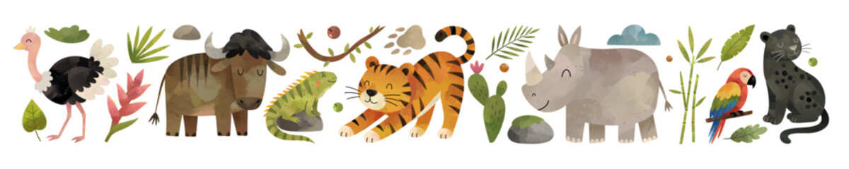 Obraz premium Watercolor border with wild jungle animals, palm leaves. African safari animals divider. Tiger, panther, rhinoceros, buffalo, ostrich