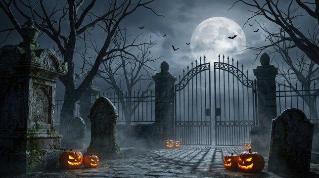Spooky halloween graveyard scene featuring glowing jack o lanterns and a full moon over an iron gate