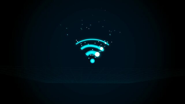Glowing blue neon wifi symbol icon with sparkling particles on a dark background representing wireless internet connectivity and digital technology data communication 4k Motion Video