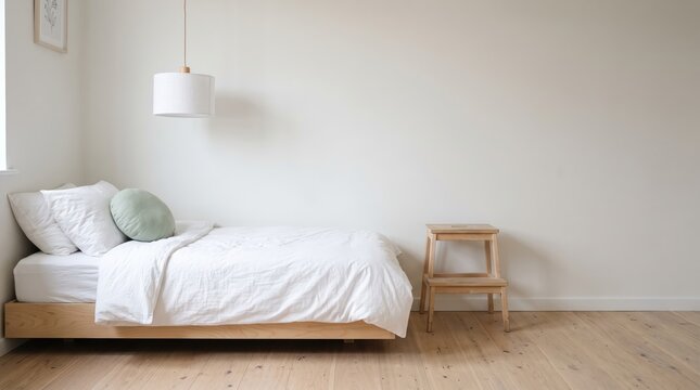 Minimalist bedroom interior design featuring low wooden platform bed with white linen bedding, simple pendant lamp, and wooden step stool against clean white wall
