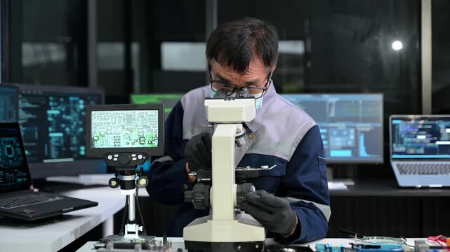 Professional Asian engineer in uniform uses a microscope to inspect electronic components in a modern high-tech laboratory.