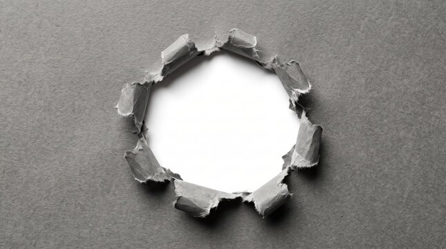 Abstract texture of torn grey paper revealing a bright white circular hole in the center, rough ripped edges creating a frame, high contrast minimal, negative space for logo