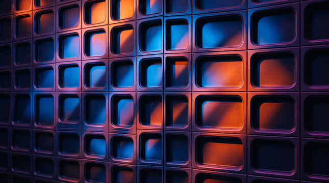 A grid of recessed squares with rounded corners illuminated by blue and orange light, representing abstract texture and depth, ideal for modern design concepts.