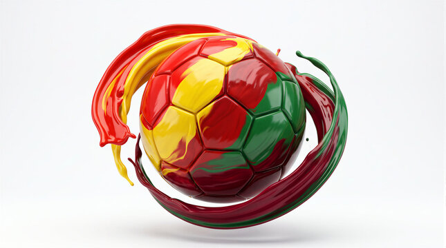 Soccer ball wrapped in dynamic liquid paint streams featuring the national colors of Spain, Portugal, and Morocco, conceptual 3D render representing the 2030 World Cup joint hosting, international uni