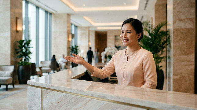 Professional Asian female receptionist smiling and gesturing to welcome guests at a luxury hotel front desk with modern marble interior design.