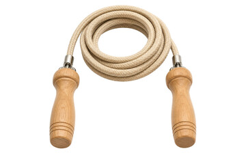 Classic beige braided jump rope with light wooden handles and metal accents is neatly coiled on a clean white background © Chinases
