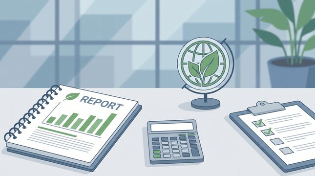 An environmental sustainability report with a globe and calculator sitting on an office desk surface with report charts checklist leaf icons calculator checklist sits desk next