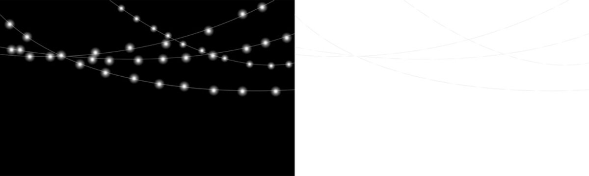 Glowing string lights hanging on black background isolated on transparent background
