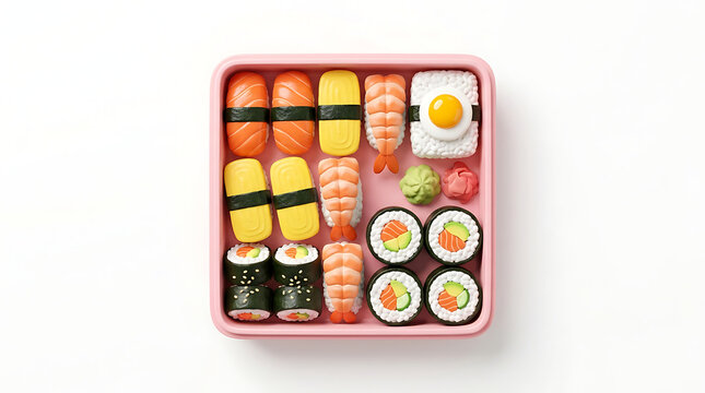Pink bento box filled with assorted sushi and garnishes