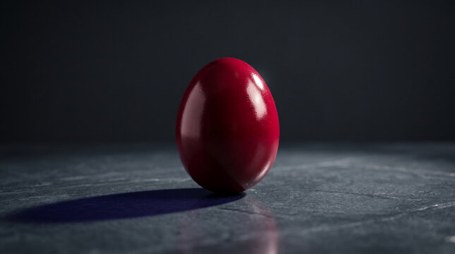 Glossy red egg on a textured dark surface, creating a stark, elegant presentation, symbolizing life, fertility, and tradition.