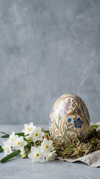 Ornately decorated egg with floral patterns sits amongst white daffodils and moss, evoking spring and Easter celebration, ideal for festive themes.