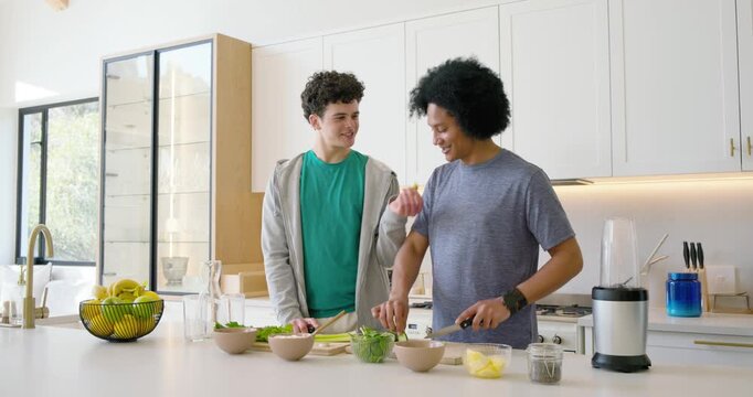 Diverse male friends arranging bowls, chopping on board with knife at kitchen island preparing meal