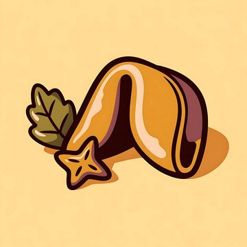 Flat 2D vector illustration of a fortune cookie with a star and leaf icon