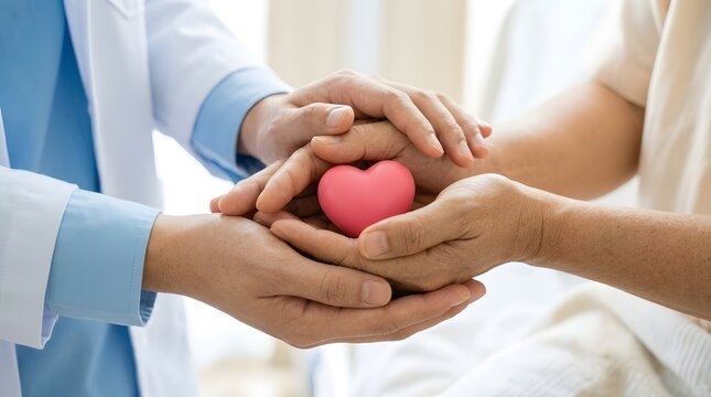 Doctor holding senior patient hands with pink heart shape model, for healthcare, cardiology, and medical care concept