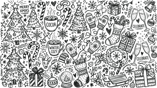 Hand drawn doodle pattern featuring various christmas holiday elements like presents ornaments stars and festive winter themed decorations