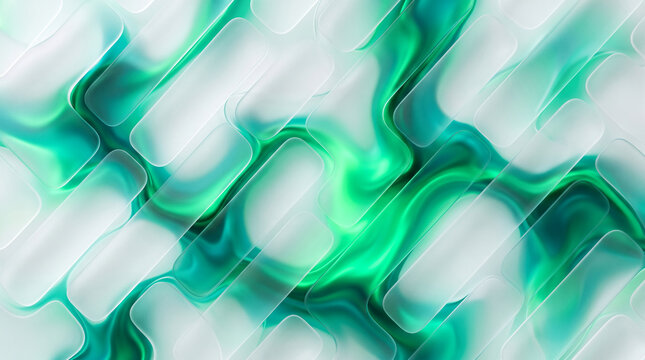Abstract pattern of flowing green and white translucent shapes, representing fluidity, modern design, and organic movement, ideal for digital art.
