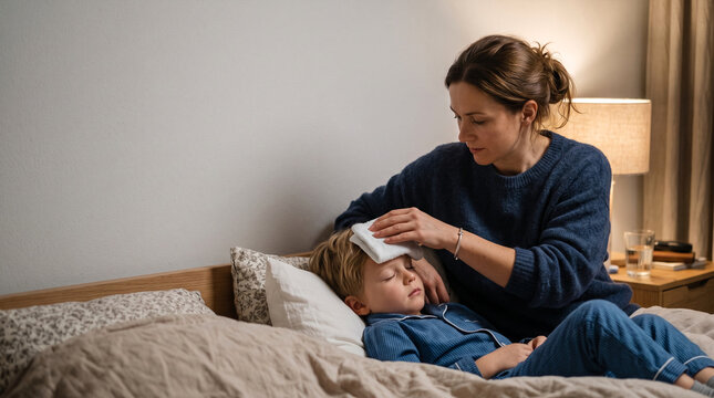 Caring mother placing cool cloth on forehead of sleeping sick child