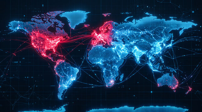 Digital world map with glowing red and blue continents connected by light trails, symbolizing global connectivity and data flow