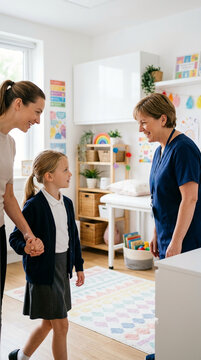 Mother and Young Daughter in School Uniform Meeting a Smiling School Nurse in a Brightly Decorated Pediatric Medical Office or Health Clinic Room