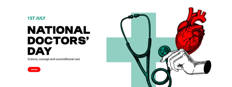 National Doctors Day collage banner. Sketch stethoscope and heart. Prevention and healthcare medical poster. Vintage vector isolated illustration