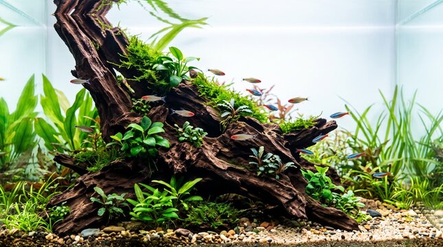 Aquarium driftwood bogwood, Freshwater aquarium with driftwood, aquatic plants, and small fish  