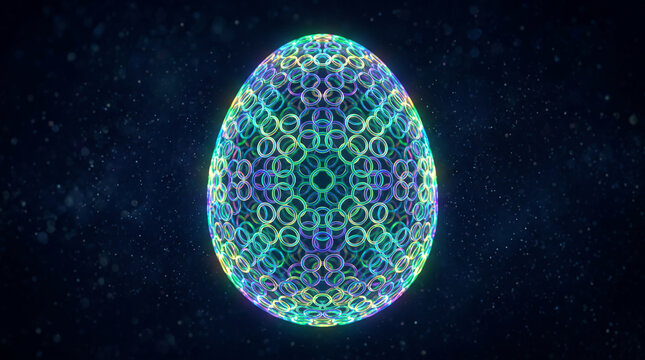 Abstract egg shape formed by glowing concentric rings in rainbow colors, representing creativity, diversity, and cosmic origin, set against a dark, particle-filled background