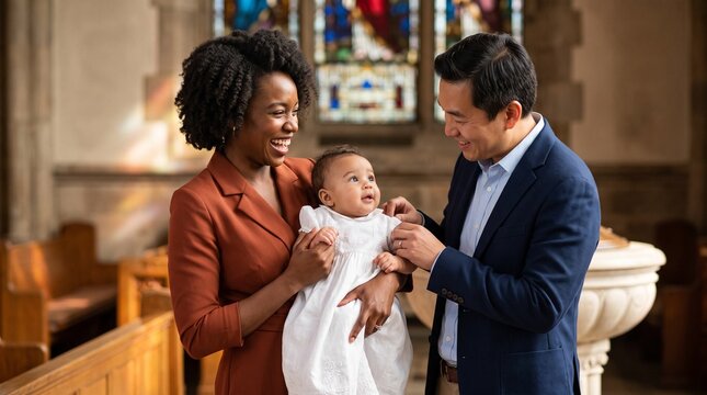 Baby with godparents altar, Parents holding baby during baptism ceremony in a church with stained glass  
