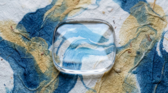 A clear square lens sits on textured paper with blue and tan abstract art, symbolizing clarity, focus, and perspective.