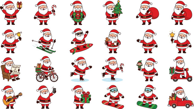 Set of cute cartoon santa claus characters in various poses and activities for christmas holiday design projects and decorations