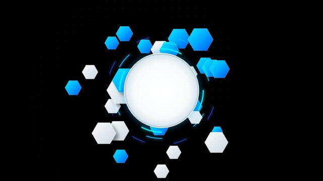 Abstract technology background with glowing blue and white hexagon shapes and a central circular frame for text 4k Motion Video
