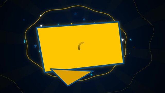 Abstract yellow rectangle frame with a dark crescent moon shape and geometric triangle accent on a dark blue background with glowing light particles in digital style 4k Motion Video
