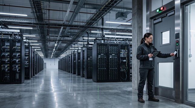Female IT technician using security badge to access a secure server room.