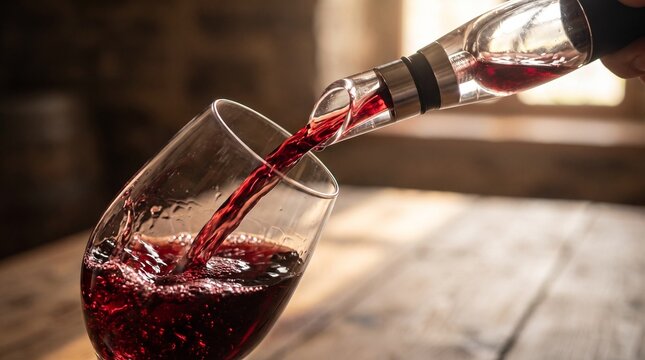 Wine aerator pouring red, Red wine being poured into a glass on a rustic wooden table  