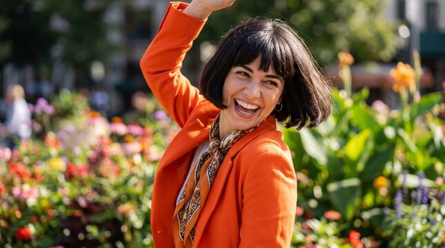 Woman with pageboy haircut, Young woman smiling and raising arm in a flower garden outdoors  
