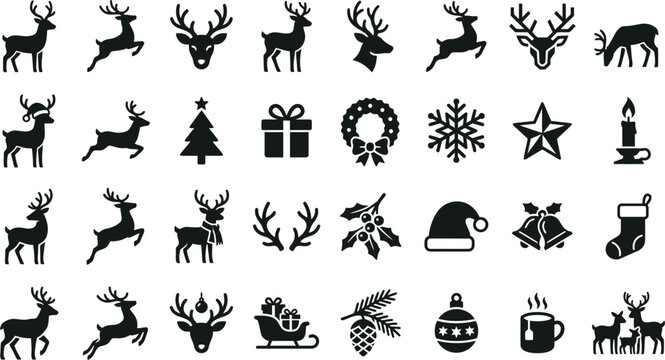 Set of various hand drawn christmas icons featuring reindeer silhouettes snowflakes gifts and festive holiday decorative elements for design