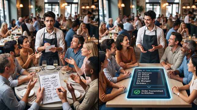 Waiter taking order from confused customers, then a digital tablet showing confirmed order, symbolizing efficient restaurant service and technology integration.