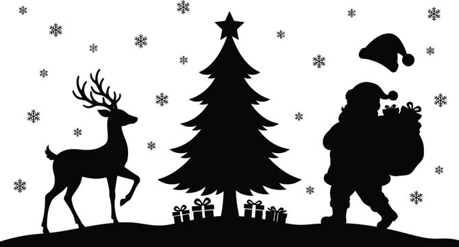 Black silhouette of santa claus with a sack of gifts standing near a christmas tree and a reindeer