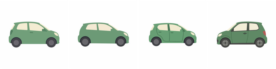 Naklejka premium Set of four green compact hatchback cars in flat vector illustration style isolated on white background