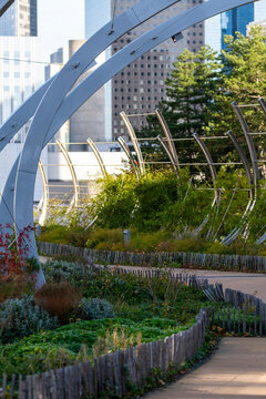 Urban garden and modern architecture in Paris France combine landscaped greenery with curved structural elements and office buildings in daylight