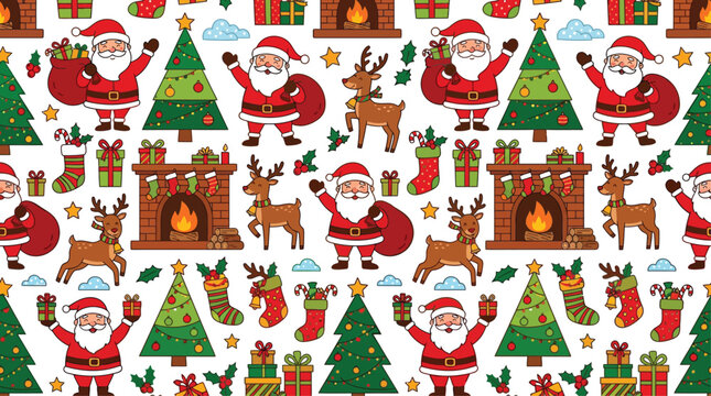 Seamless pattern featuring cute santa claus characters reindeer christmas trees and cozy fireplaces on a white background