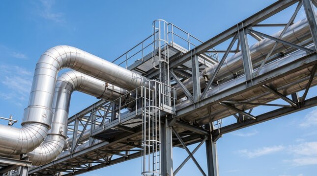 Industrial metal pipes on scaffolding under blue sky