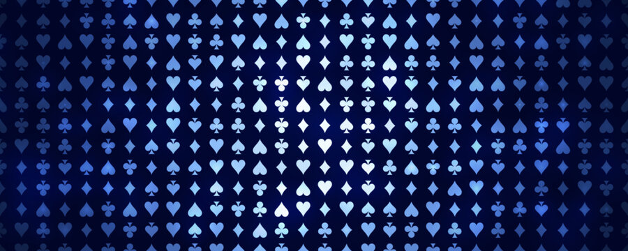 Playing Card Seamless Pattern With Hearts Spades Clubs And Diamonds In Elegant Blue Gradient Design. Perfect Casino Patterns. Vector Illustration.