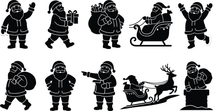 Set of black silhouettes of santa claus in various poses for christmas holiday design and festive decoration projects