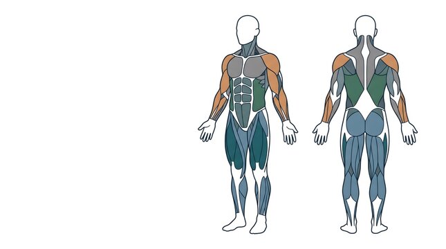 Anatomical muscular system diagram showing front and back views of a human body with colored muscle groups on white background