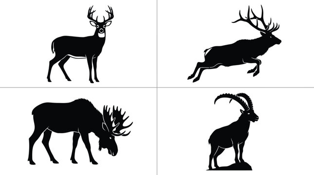A collection of black silhouettes featuring various wild animals including deer moose and ibex on white background