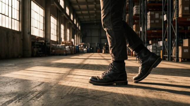 Low angle view of a worker walking through a large industrial warehouse during sunset.