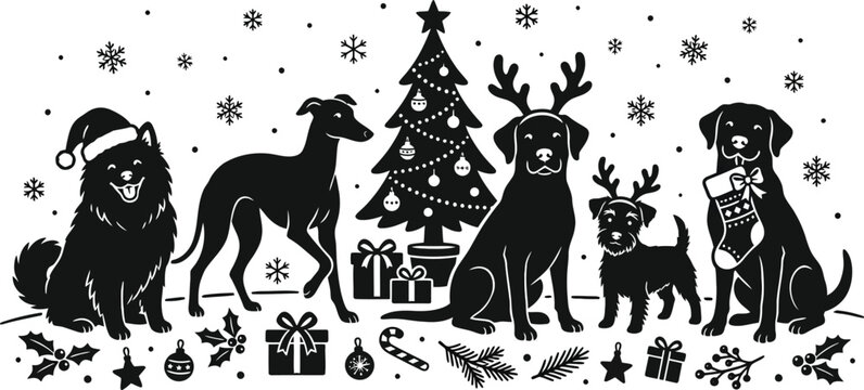 Black and white silhouette illustration of various dog breeds celebrating christmas with a decorated tree and gifts