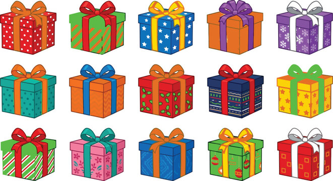 Set of colorful gift boxes with ribbons and bows isolated on a white background for holiday design projects