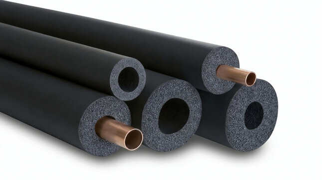 Copper pipes encased in black thermal insulation foam sleeves for efficient heating and cooling systems installation in residential buildings
