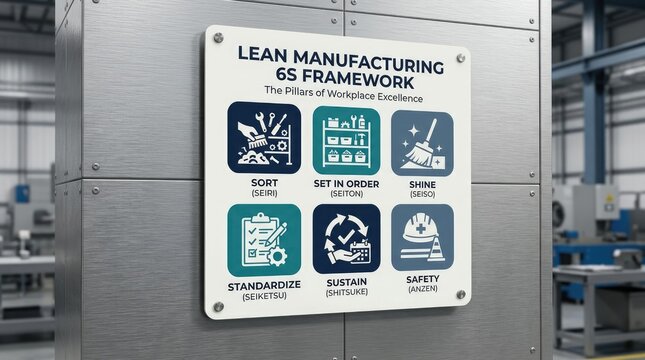 Lean manufacturing 6s framework sign displaying organized workplace efficiency principles mounted on a brushed metal wall